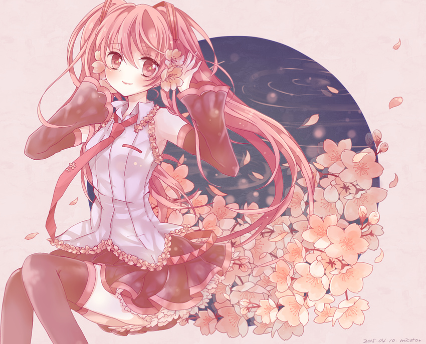 2015 artist_name cherry_blossoms dated detached_sleeves hatsune_miku long_hair mikoto1029 necktie pink_hair sakura_miku sitting skirt solo thighhighs twintails very_long_hair vocaloid