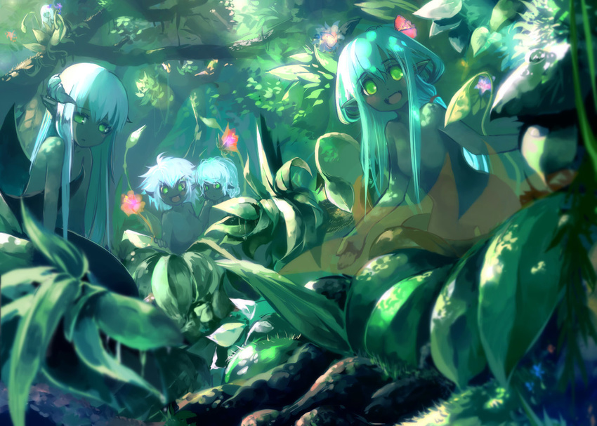 :d blush dappled_sunlight dark_skin dew_drop flower forest green_eyes green_hair hair_flower hair_ornament horns leaf long_hair looking_at_viewer monster_girl multiple_girls nature no_nipples nude open_mouth original plant plant_girl pointy_ears smile suisa sunlight tree v-shaped_eyebrows water_drop white_hair