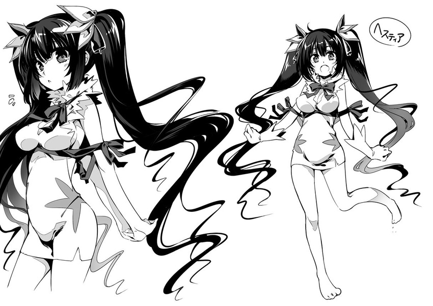 bad_id bad_twitter_id breasts dungeon_ni_deai_wo_motomeru_no_wa_machigatteiru_darou_ka greyscale hestia_(danmachi) kawakami_shuuichi large_breasts long_hair monochrome rei_no_himo twintails