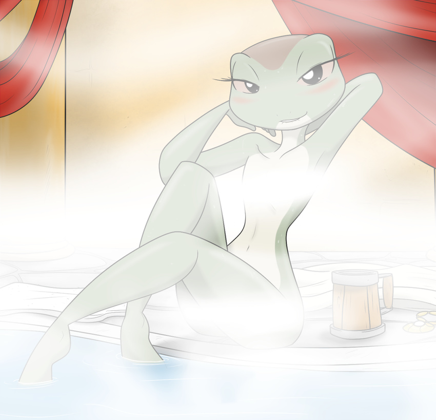 amphibian bath beatriz_overseer bedroom_eyes biting_lip blush convenient_censorship cup curtains drunk female frog half-closed_eyes kaostheory901 looking_at_viewer pink_sclera steam water