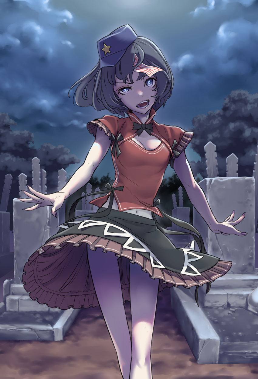 1girl bare_arms bare_legs black_hair black_skirt blue_eyes blue_hat breasts capelet cloud cowboy_shot fingernails graveyard hat head_tilt highres kawayabug long_fingernails looking_at_viewer medium_breasts midriff miniskirt miyako_yoshika nail_polish navel night night_sky ofuda open_mouth outdoors purple_nails red_capelet red_shirt shirt short_hair short_sleeves skirt sky smile solo star tombstone touhou uneven_eyes