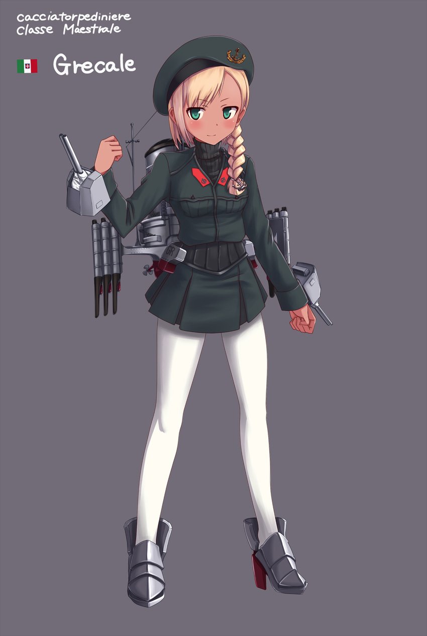 a9b_(louis814) anchor_hair_ornament anchor_symbol aqua_eyes armor bangs beret blonde_hair blush braid breasts clenched_hand clenched_hands dark_skin full_body greaves grey_background hair_ornament hand_up hat high_heels highres italian italian_flag italian_kingdom_flag italy kantai_collection light_smile long_hair looking_at_viewer machinery military military_uniform miniskirt original pantyhose pleated_skirt propeller ribbed_sweater rm_grecale side_braid simple_background skirt small_breasts smile solo standing sweater turret turtleneck uniform white_legwear
