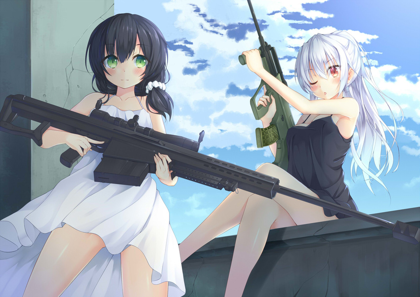 ;p anti-materiel_rifle ass_visible_through_thighs assault_rifle barrett_m82 black_dress black_hair brown_eyes bullpup collarbone crossed_legs day dress east01_06 green_eyes gun highres holding holding_gun holding_weapon long_hair looking_at_viewer multiple_girls one_eye_closed original ponytail rifle scope smile sniper sniper_rifle steyr_aug sundress tongue tongue_out trigger_discipline vertical_foregrip weapon white_dress white_hair