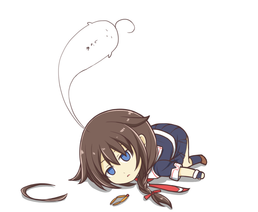 ahoge_removed black_serafuku braid brown_hair commentary empty_eyes giving_up_the_ghost hair_between_eyes hair_ornament_removed highres kantai_collection long_hair neckerchief open_mouth school_uniform serafuku shigure_(kantai_collection) simple_background single_braid solo translated wataru_(nextlevel) white_background