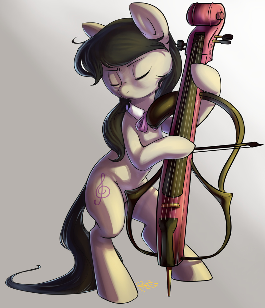 2015 black_hair bow_tie briskby cello cutie_mark earth_pony equine eyes_closed female feral focused friendship_is_magic fur grey_fur hair horse mammal musical_instrument my_little_pony octavia_(mlp) plain_background pony solo