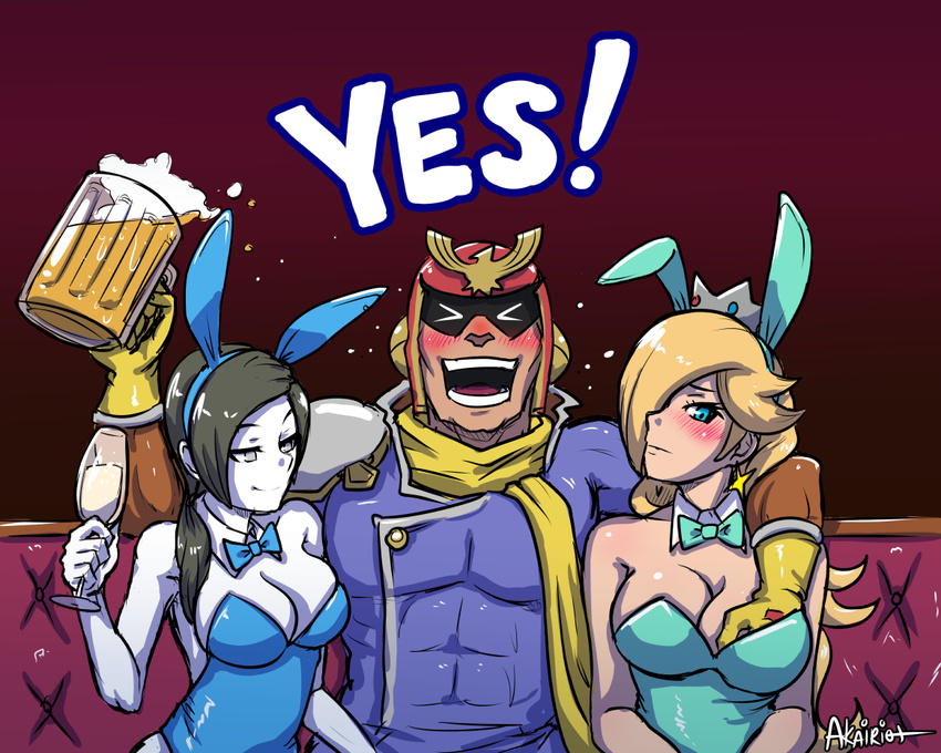 &gt;_&lt; 2girls akairiot alcohol animal_ears beer beer_mug blonde_hair blue_eyes bow bowtie breasts bunny_ears bunny_girl bunnysuit captain_falcon champagne_flute cleavage closed_eyes commentary couch crown cup detached_collar drinking_glass drunk earrings f-zero fake_animal_ears grey_hair groping hair_over_one_eye hair_over_shoulder helmet holding holding_cup jewelry large_breasts long_hair mario_(series) multiple_girls red_background rosetta_(mario) scarf sitting star star_earrings super_mario_bros. super_mario_galaxy super_smash_bros. white_skin wii_fit wii_fit_trainer