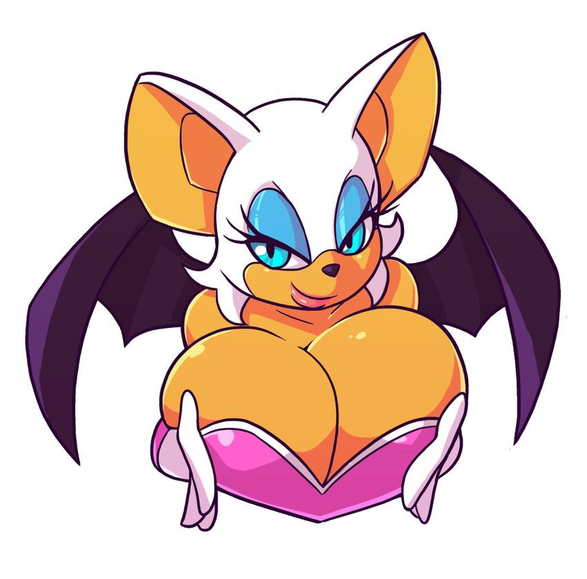 2015 anthro bat big_breasts big_ears black_nose blue_eyes breast_squish breasts bust carmessi cleavage clothed clothing elbow_gloves female gloves hair huge_breasts lips looking_at_viewer makeup mammal plain_background rouge_the_bat sega short_hair smile solo sonic_(series) white_background white_hair wings