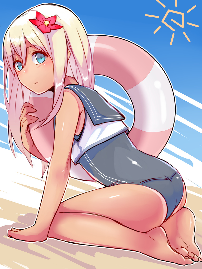 all_fours bare_legs bare_shoulders barefoot beach blonde_hair blue_eyes crop_top flower full_body hair_flower hair_ornament highres kantai_collection lifebuoy long_hair looking_at_viewer nouraku one-piece_swimsuit ro-500_(kantai_collection) sailor_collar school_swimsuit solo swimsuit swimsuit_under_clothes tan