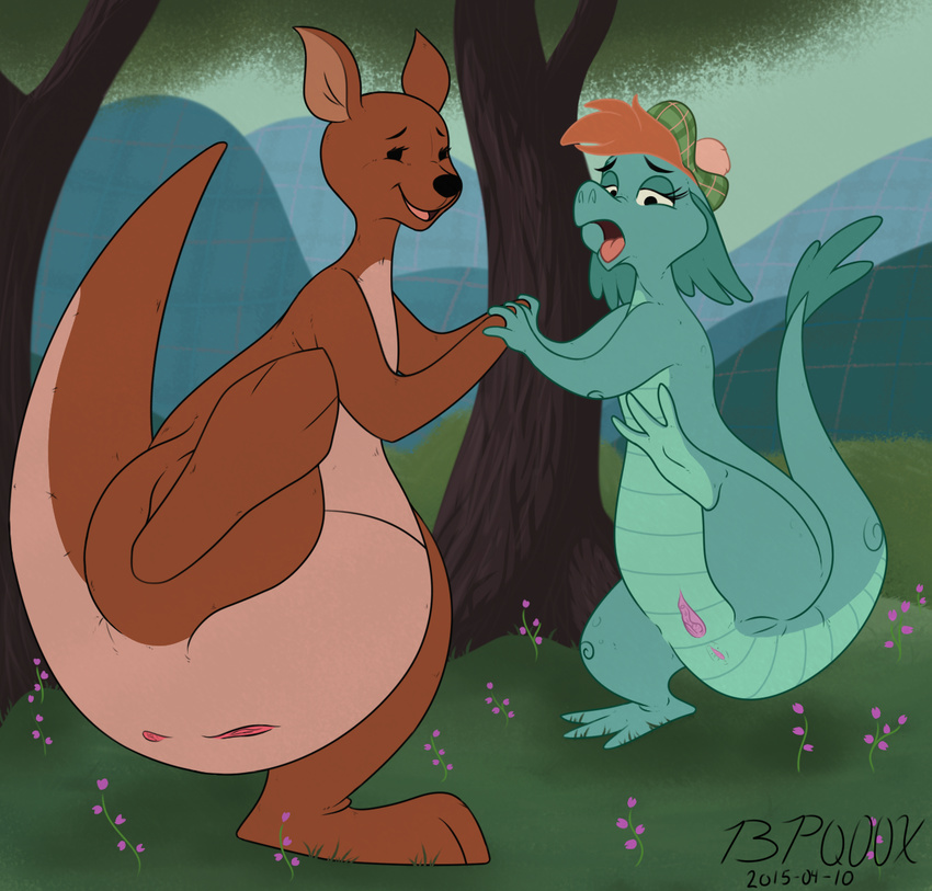 2015 3_fingers 3_toes anthro anus big_butt big_feet black_nose bonnet bpq00x brown_fur butt crossover disney duo eyelashes female flower fur grasp grass green_body hair half-closed_eyes hand_holding happy hat holding kanga kangaroo loch_ness_monster looking_at_viewer mammal marsupial milf mother nessie nude open_mouth outside parent plant presenting pussy raised_leg raised_tail red_hair reptile scalie scottish short_hair standing tam_o'_shanter the_ballad_of_nessie toes tongue tree winnie_the_pooh_(franchise)