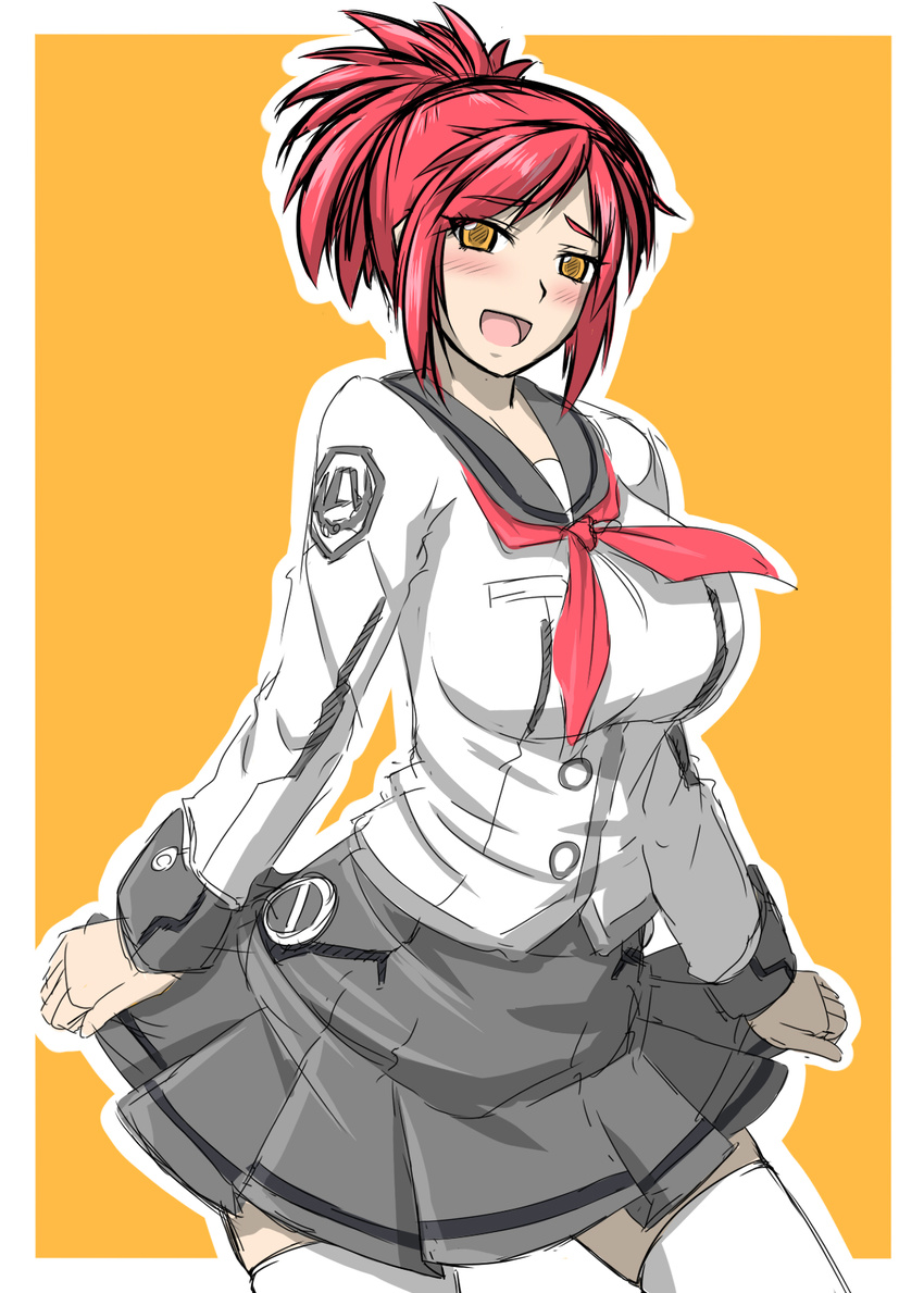azanami_(pso2) breasts brown_eyes highres large_breasts looking_at_viewer open_mouth phantasy_star phantasy_star_online_2 red_hair school_uniform short_hair sketch skirt smile solo taro thighhighs white_legwear