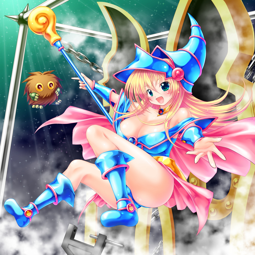 bare_shoulders blonde_hair blue_footwear blue_panties blush boots breasts capelet choker cleavage dark_magician_girl detached_sleeves duel_monster fog green_eyes hat highres kogarashi_(wind_of_winter) kuriboh large_breasts long_hair looking_at_viewer open_mouth panties reaching_out sky staff star_(sky) starry_sky thighs underwear wizard_hat yuu-gi-ou