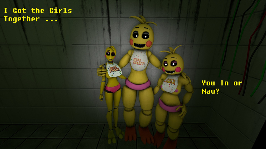 3d artist avian breasts chica dialogue english_text female five_nights_at_freddy's humor machine mechanical nipples robot smile spider26 text
