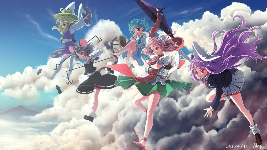 :p animal_ears bandages basket blazer blonde_hair blouse blue_eyes blue_hair bun_cover bunny_ears capelet chinese_clothes cloud crossed_arms cuffs day double_bun flower grey_hair hair_ribbon hat heterochromia highres ibaraki_kasen jacket jewelry karakasa_obake long_hair moriya_suwako mouse mouse_ears mouse_tail multiple_girls nazrin necktie nogi_(sakanashikatabenai) open_mouth outstretched_arms pendant pink_eyes pink_hair purple_hair red_eyes reisen_udongein_inaba ribbon rose short_hair skirt sky smile tabard tail tatara_kogasa thighhighs tongue tongue_out touhou umbrella very_long_hair