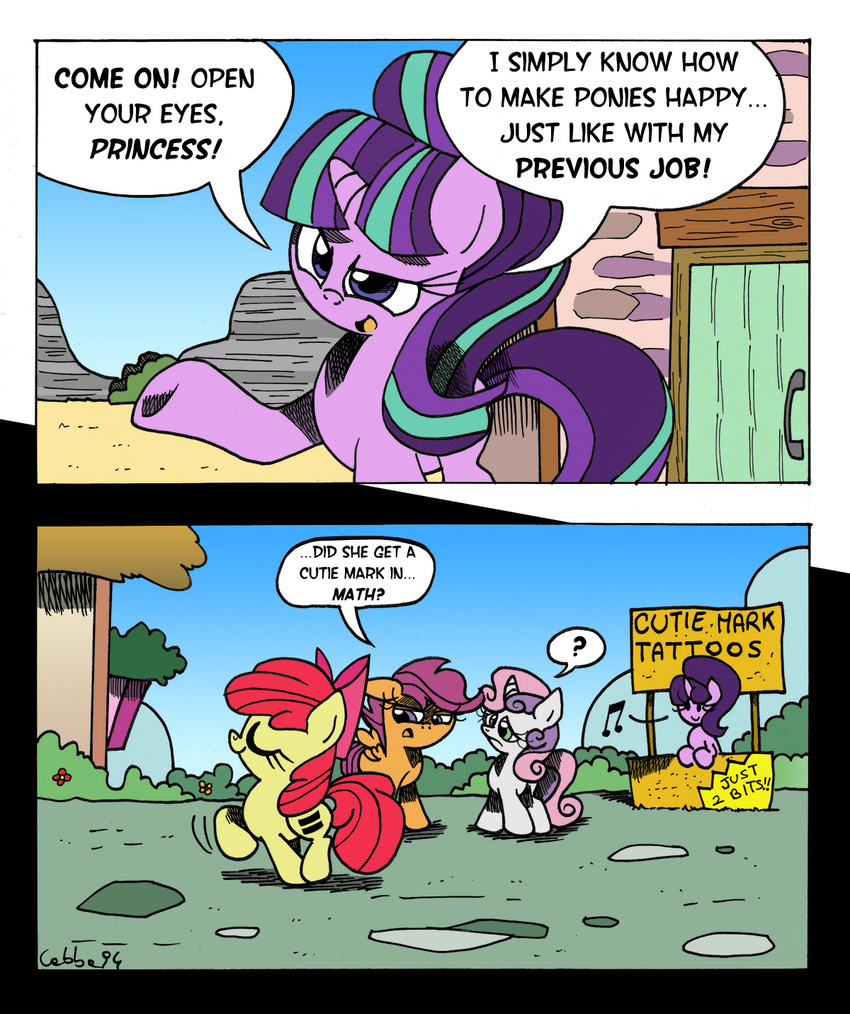 2015 apple_bloom_(mlp) blue_hair dialogue english_text equine female friendship_is_magic green_eyes hair horn horse house labba94 mammal multicolored_hair my_little_pony outside pegasus pony ponyville purple_eyes red_hair scootaloo_(mlp) starlight_glimmer_(mlp) sweetie_belle_(mlp) text unicorn wings