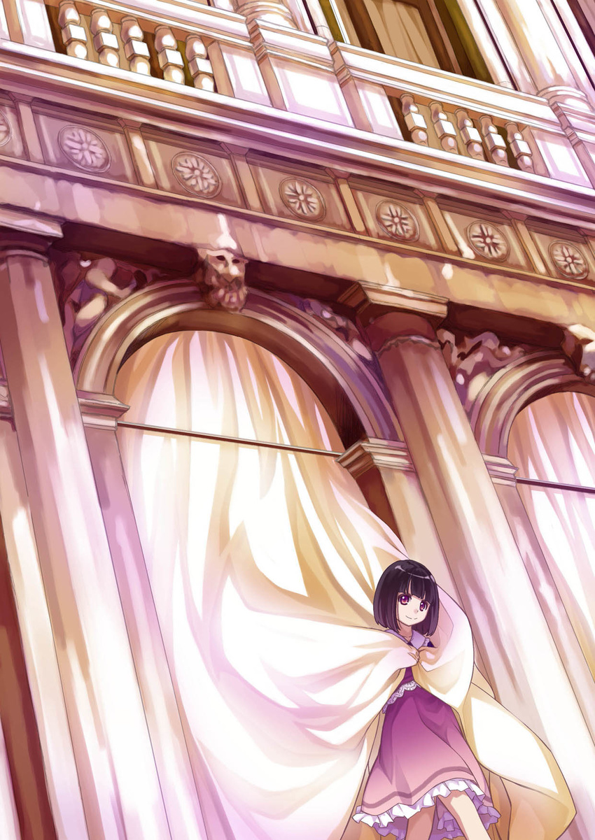 54hao arch bangs black_hair blunt_bangs bob_cut curtain_grab curtains dutch_angle frilled_skirt frills from_below highres lace_trim looking_at_viewer looking_down original pillar purple_eyes purple_skirt railing short_hair skirt skirt_set smile solo standing statue white_curtains