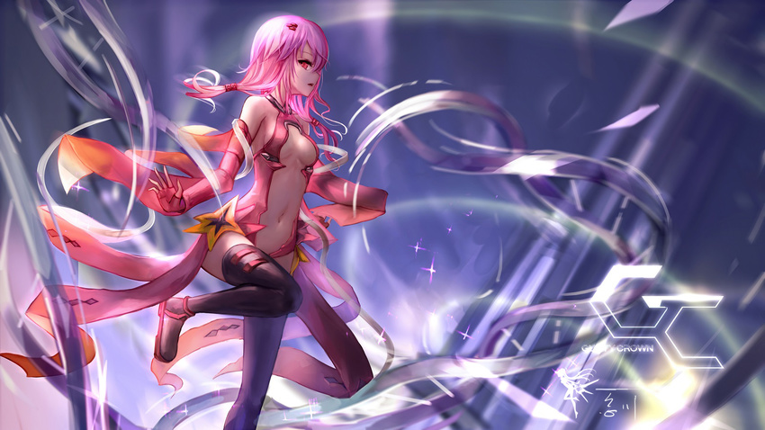 bare_shoulders black_legwear breasts center_opening cleavage detached_sleeves elbow_gloves fingerless_gloves gloves guilty_crown hair_ornament hairclip highres long_hair looking_at_viewer navel open_mouth pink_hair red_eyes small_breasts solo thighhighs twintails wangchuan_de_quanyan yuzuriha_inori