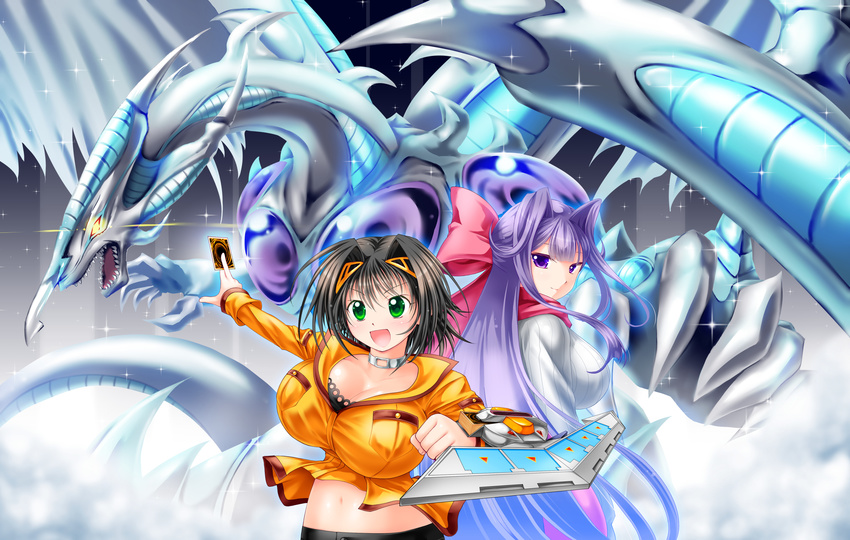 :d bangs black_hair blush bow breasts card choker claws cleavage clenched_hand crop_top dragon duel_disk duel_monster from_side glowing glowing_eyes green_eyes hair_bow hair_intakes hair_ornament hair_ribbon hairclip highres holding holding_card kazabana_hazumi kogarashi_(wind_of_winter) large_breasts light_smile light_trail long_hair long_sleeves looking_at_viewer looking_back midriff multiple_girls nana_(pixiv_duel) navel open_mouth orange_shirt outstretched_arm pixiv_duel pixiv_duel_2 pocket purple_eyes purple_hair ribbed_sweater ribbon scarf sharp_teeth shirt short_hair sidelocks smile sparkle stardust_dragon sweater teeth very_long_hair yellow_eyes yuu-gi-ou