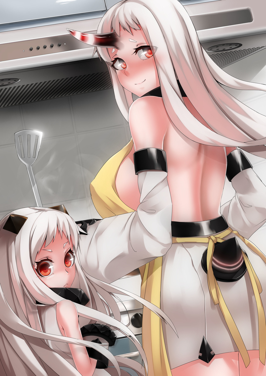 absurdres apron bare_back blush breasts detached_sleeves highres horn horns huge_breasts kantai_collection kitchen looking_at_viewer looking_back luonawei mittens multiple_girls northern_ocean_hime pale_skin red_eyes seaport_hime shinkaisei-kan sideboob silver_hair smile spatula