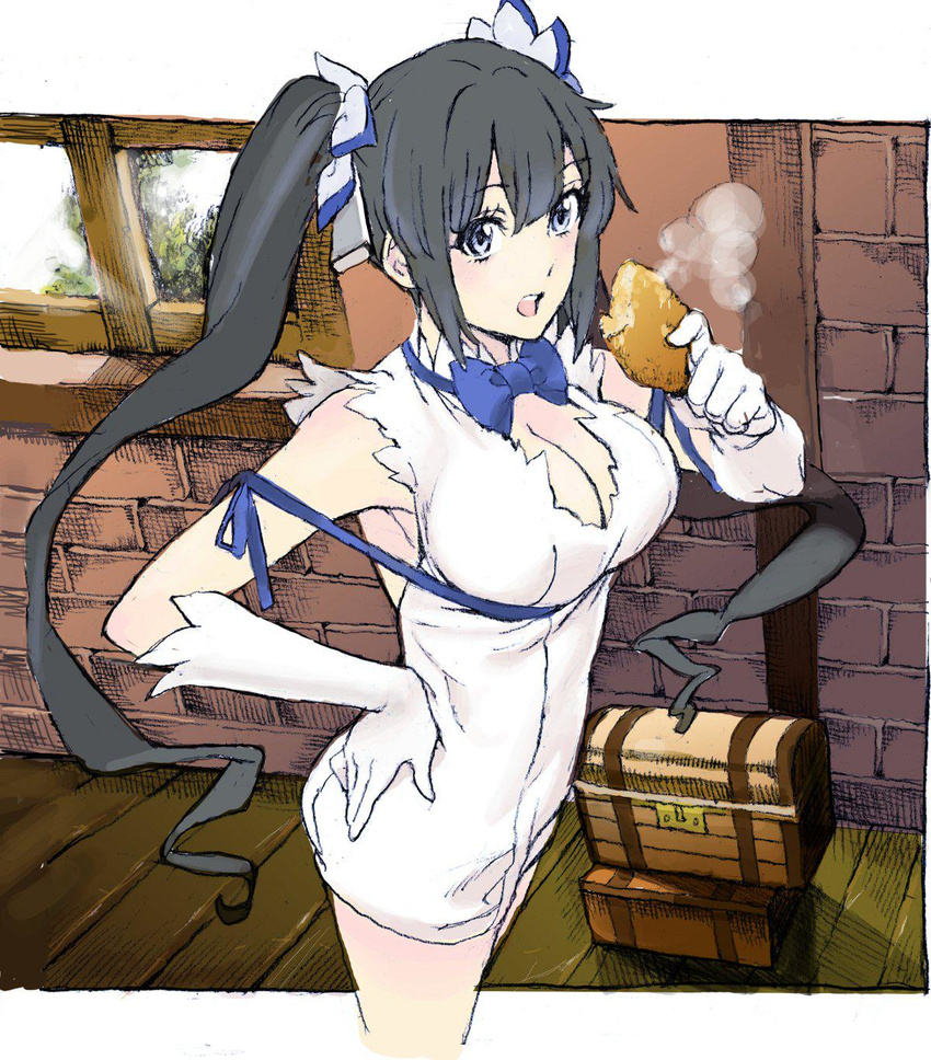 arm_ribbon bare_shoulders black_hair blue_eyes blue_ribbon border bow breasts brick_wall cleavage cleavage_cutout cowboy_shot croquette dress dungeon_ni_deai_wo_motomeru_no_wa_machigatteiru_darou_ka food gloves graphite_(medium) hair_ornament hair_ribbon hand_on_hip hestia_(danmachi) highres indoors large_breasts long_hair looking_at_viewer mixed_media nobita open_mouth outside_border potato rei_no_himo ribbon running_bond short_dress sleeveless sleeveless_dress solo steam traditional_media twintails white_border white_dress white_gloves window wooden_floor