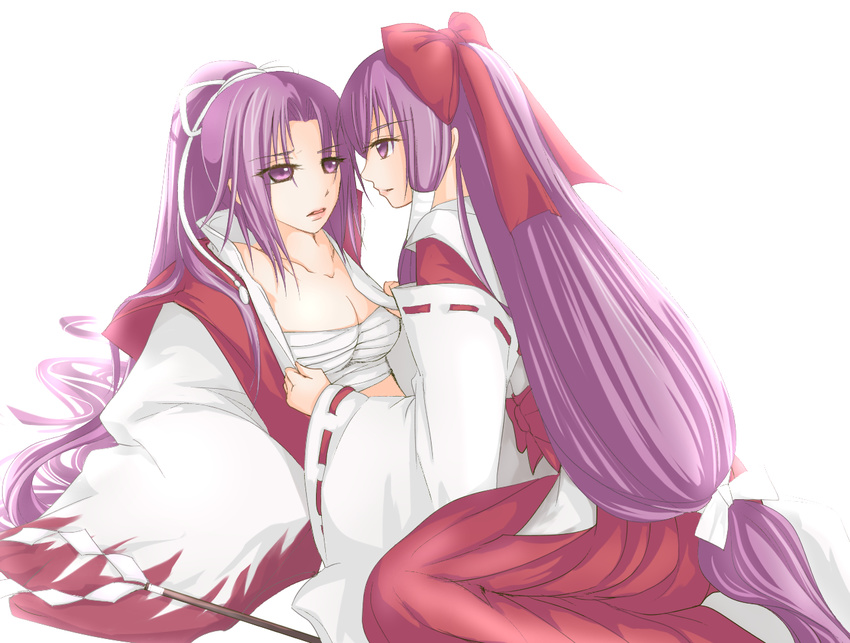 bow breasts cleavage detached_sleeves girl_on_top gohei hair_bow hair_tubes hakurei_reimu hakurei_reimu_(pc-98) japanese_clothes large_breasts long_hair low-tied_long_hair meira miko multiple_girls ponytail purple_eyes purple_hair ranran_(iaotak) ribbon sarashi simple_background touhou touhou_(pc-98) undressing very_long_hair white_background yuri