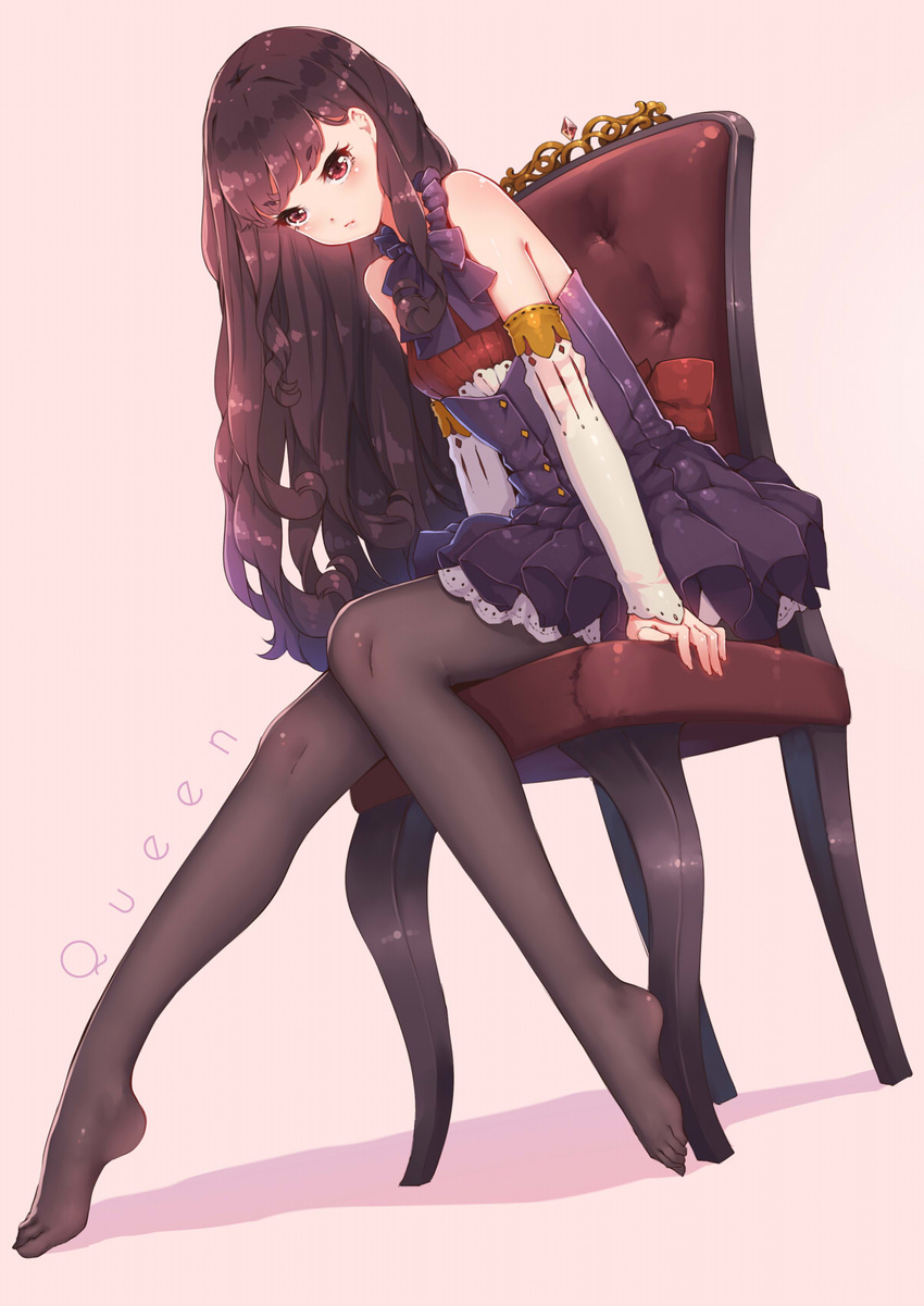 bare_shoulders black_hair black_legwear brown_eyes chair detached_sleeves dress english fangxiang_cuoluan full_body highres legs long_hair looking_at_viewer no_shoes original pantyhose pink_background sitting solo