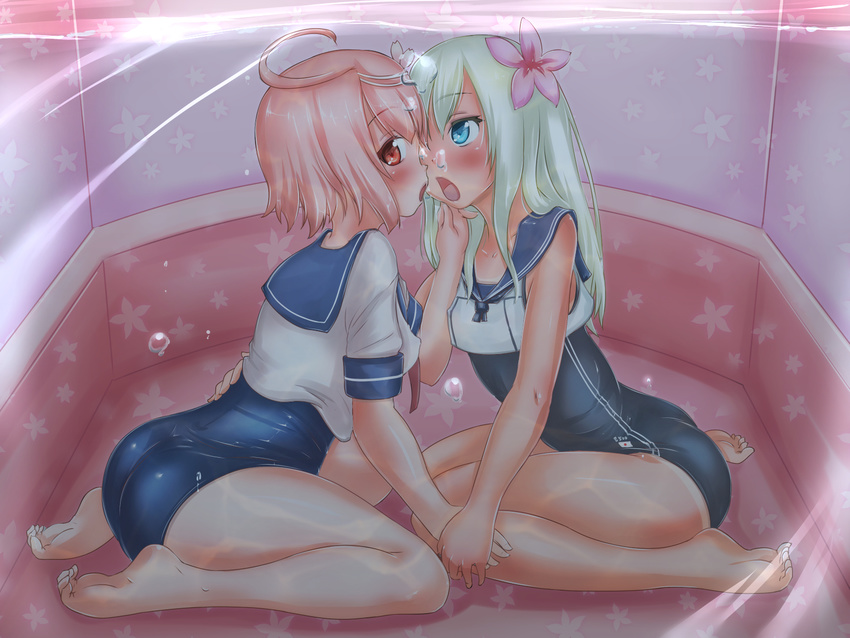 blonde_hair blue_eyes crop_top h2o_uw highres i-58_(kantai_collection) kantai_collection kiss long_hair multiple_girls one-piece_swimsuit pink_hair red_eyes ro-500_(kantai_collection) school_swimsuit school_uniform serafuku short_hair swimsuit swimsuit_under_clothes tan tanline underwater water yuri