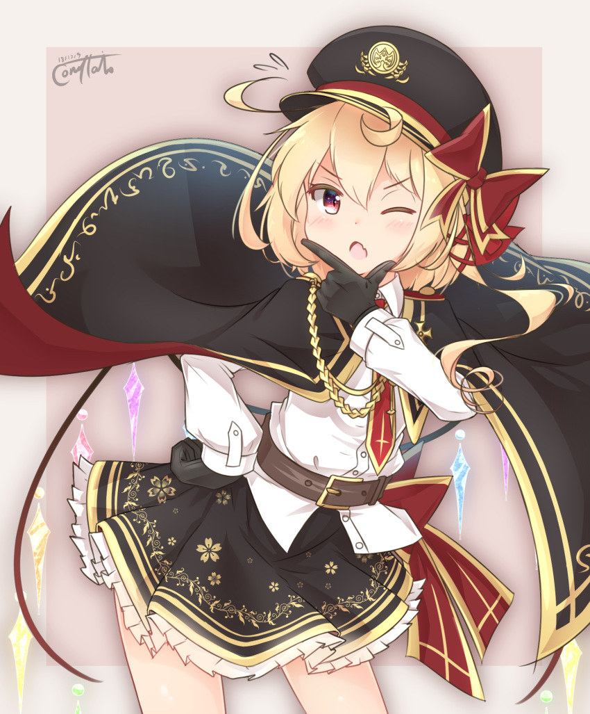 1girl alternate_costume bangs belt belt_buckle black_cape black_gloves black_hat black_skirt blonde_hair blush bow brown_background brown_belt buckle cape coreytaiyo crystal dated dress_shirt eyebrows_visible_through_hair fang flandre_scarlet flying_sweatdrops frilled_skirt frills gloves hair_between_eyes hair_ornament hair_ribbon hand_on_hip hat hat_bow highres long_hair long_sleeves military military_hat military_uniform multicolored multicolored_cape multicolored_clothes one-piece_swimsuit one_eye_closed open_mouth peaked_cap pleated_skirt red_bow red_cape red_eyes red_ribbon ribbon shirt signature skirt solo swimsuit touhou two-tone_background uniform white_shirt wings x_hair_ornament