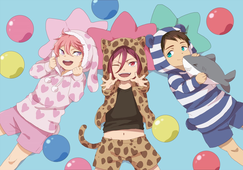 ;d animal_hood aqua_eyes bad_id bad_pixiv_id bear_hood black_hair bunny_hood cat_hood child free! from_above grin heart heart_print hood hoodie lying male_focus matsuoka_rin multiple_boys on_back one_eye_closed open_mouth pillow pink_hair purple_eyes red_eyes red_hair ronisuke shark shigino_kisumi shorts smile stuffed_animal stuffed_shark stuffed_toy yamazaki_sousuke younger