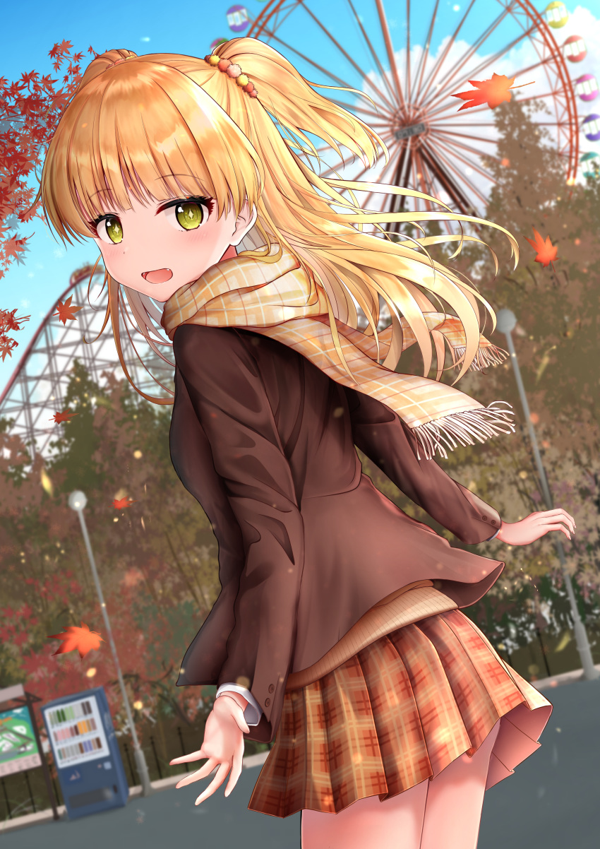 1girl :d absurdres autumn_leaves bangs blazer blonde_hair blue_sky blurry blurry_background blush brown_jacket brown_scarf brown_skirt cloud commentary_request day depth_of_field eyebrows_visible_through_hair fangs ferris_wheel fingernails fringe_trim green_eyes highres idolmaster idolmaster_cinderella_girls jacket jougasaki_rika karu_(qqqtyann) lamppost long_hair long_sleeves looking_at_viewer looking_back open_blazer open_clothes open_jacket open_mouth outdoors plaid plaid_scarf plaid_skirt pleated_skirt roller_coaster scarf skirt sky smile solo sweater_vest two_side_up vending_machine very_long_hair