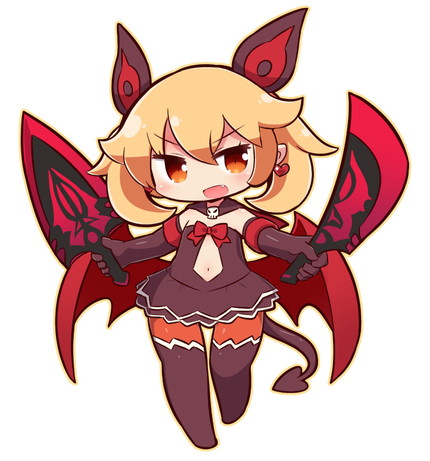 1girl :d bangs blonde_hair blush brown_dress brown_eyes brown_gloves brown_legwear commentary_request copyright_request dagger demon_girl demon_tail demon_wings dress dual_wielding earrings elbow_gloves eyebrows_visible_through_hair fang full_body gloves hair_between_eyes head_tilt heart heart_earrings highres holding holding_dagger holding_weapon jewelry long_hair looking_at_viewer naga_u navel no_shoes open_mouth red_wings sidelocks simple_background smile solo standing standing_on_one_leg strapless strapless_dress tail thighhighs weapon white_background wings