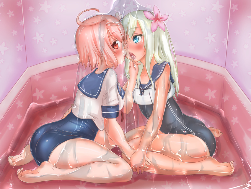 blonde_hair blue_eyes crop_top h2o_uw highres i-58_(kantai_collection) kantai_collection kiss long_hair multiple_girls one-piece_swimsuit pink_hair red_eyes ro-500_(kantai_collection) school_swimsuit school_uniform serafuku short_hair swimsuit swimsuit_under_clothes tan tanline water yuri