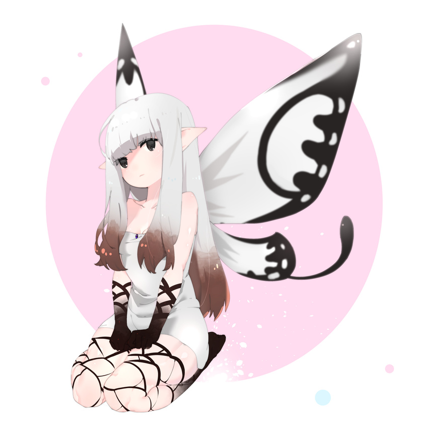 aerie_(bravely_default) bad_id bad_pixiv_id bare_shoulders bravely_default:_flying_fairy bravely_default_(series) brown_eyes dress fairy_wings highres long_hair pointy_ears silver_hair sitting solo wings