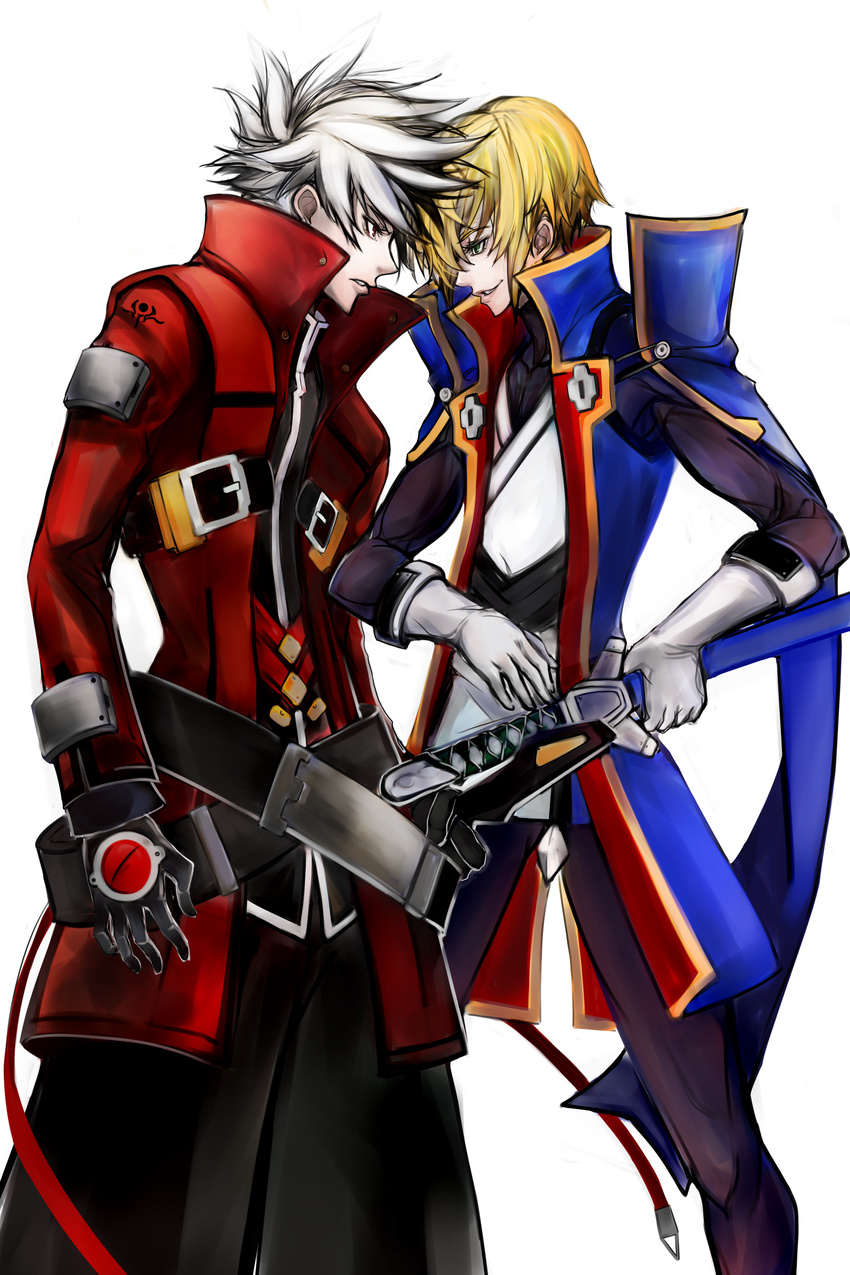 absurdres belt black_gloves black_pants blazblue blonde_hair cowboy_shot crazy_eyes early_type faceoff forehead-to-forehead gloves green_eyes hand_on_hilt high_collar highres jacket jin_kisaragi military military_uniform multiple_belts multiple_boys nose pants ragna_the_bloodedge red_eyes red_jacket spiked_hair uniform white_gloves white_hair yukianesa