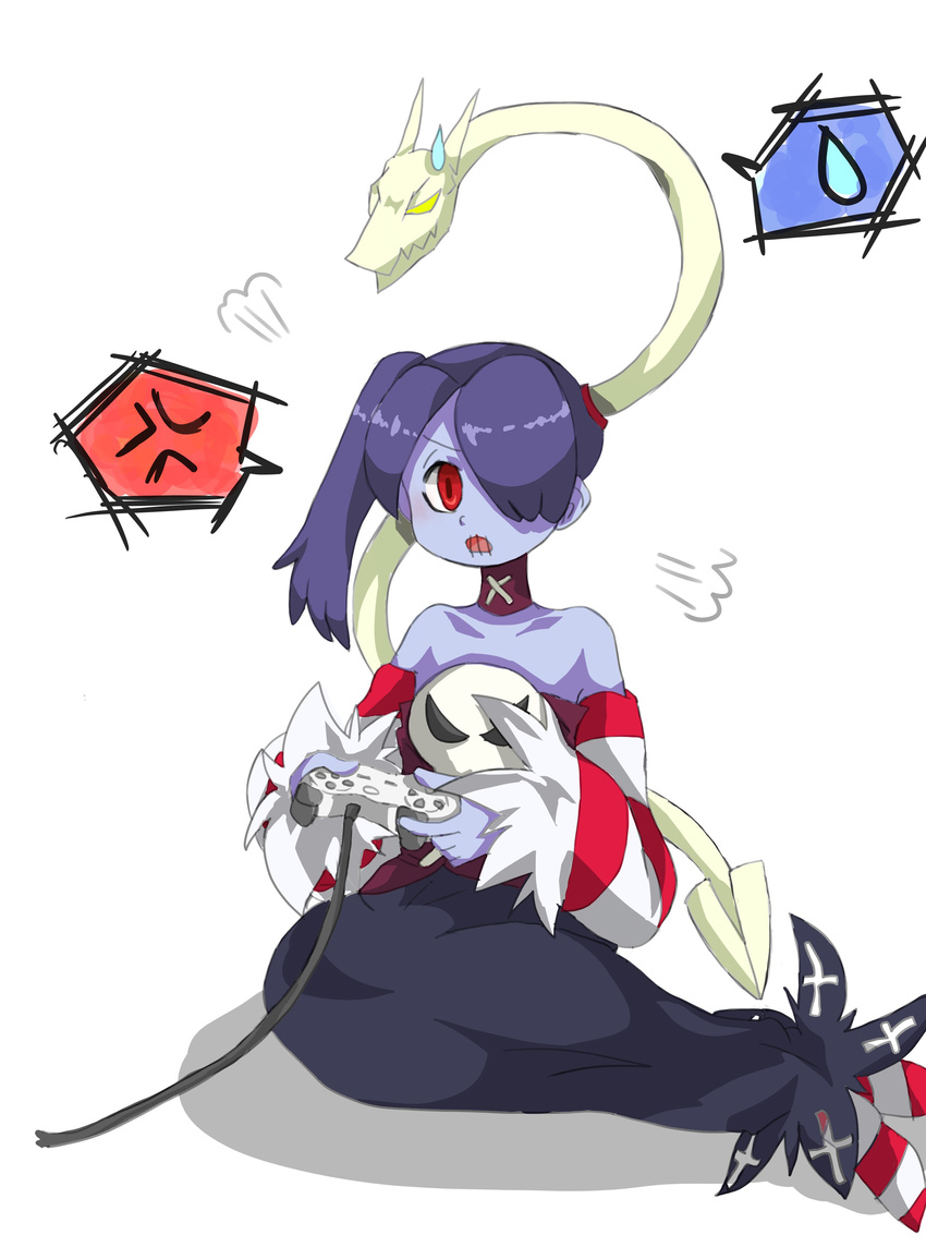 1girl blue_skin controller detached_collar detached_sleeves dress hair_over_one_eye highres leviathan_(skullgirls) red_eyes side_ponytail skullgirls socks squigly_(skullgirls) stitched_mouth striped striped_legwear striped_sleeves striped_socks video_game zombie