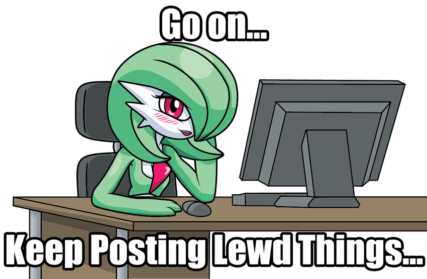 blush breasts chair computer computer_mouse dialogue english_text eyelashes female gardevoir green_hair hair looking_at_viewer nintendo open_mouth pok&eacute;mon red_eyes sitting teeth text tongue unknown_artist video_games