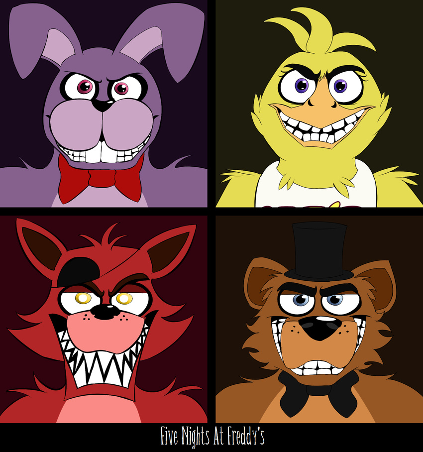 animatronic avian bear bird blue_eyes bonnie_(fnaf) bow_tie canine chica_(fnaf) chicken eye_patch eyewear female five_nights_at_freddy's fox foxy_(fnaf) freddy_(fnaf) hat machine mammal mechanical professorlucario9 purple_eyes robot teeth top_hat yellow_eyes