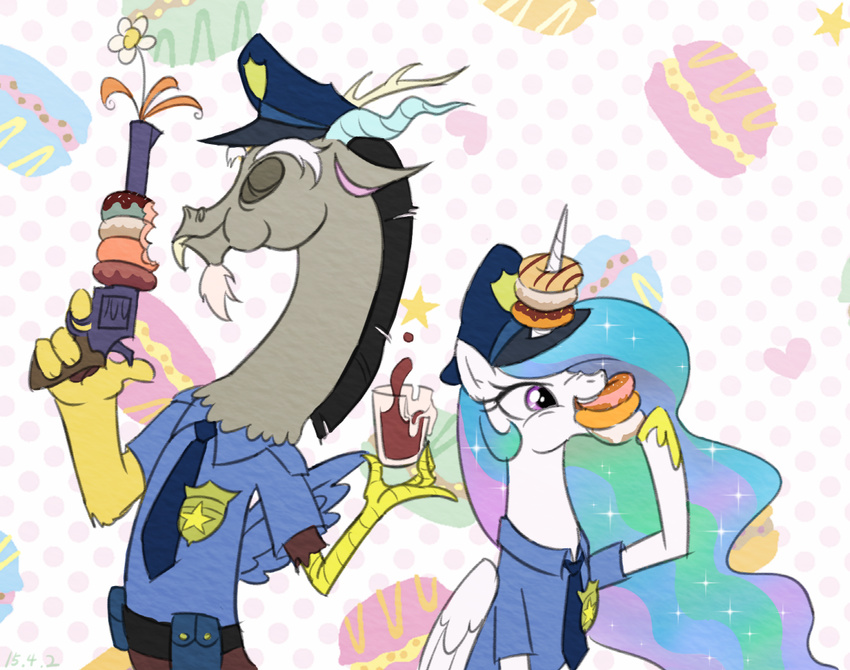 2015 antlers badge chocolate_milk discord_(mlp) doughnut draconequus duo equine fangs female flower food friendship_is_magic glass gun horn male mammal my_little_pony plant police police_officer police_uniform princess_celestia_(mlp) ranged_weapon revolver ta-na weapon winged_unicorn wings