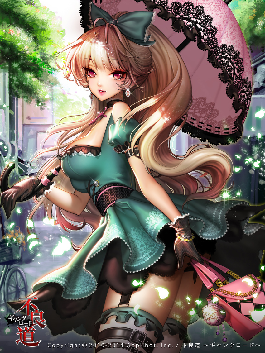 absurdres bag bare_shoulders blonde_hair bow breasts choker cleavage dadachyo dress earrings frills from_side furyou_michi_~gang_road~ garter_straps gloves green_dress hair_bow handbag highres jewelry large_breasts long_hair oshikiri_ao outdoors parasol parted_lips petals ponytail red_eyes solo sparkle thigh_strap thighhighs thighs umbrella zettai_ryouiki