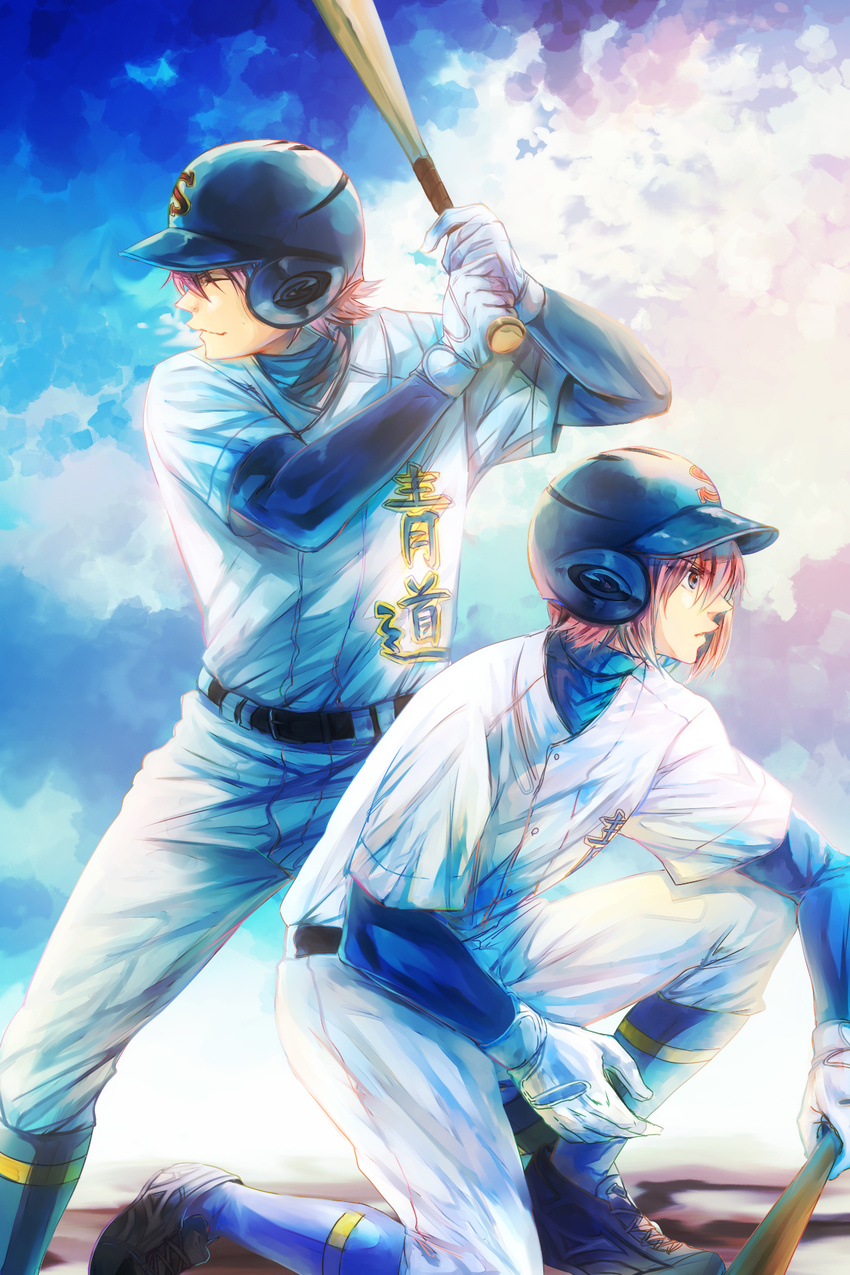 ace_of_diamond asano_(mkgr) baseball_bat baseball_uniform brothers highres kominato_haruichi kominato_ryousuke multiple_boys pink_hair short_hair siblings sportswear