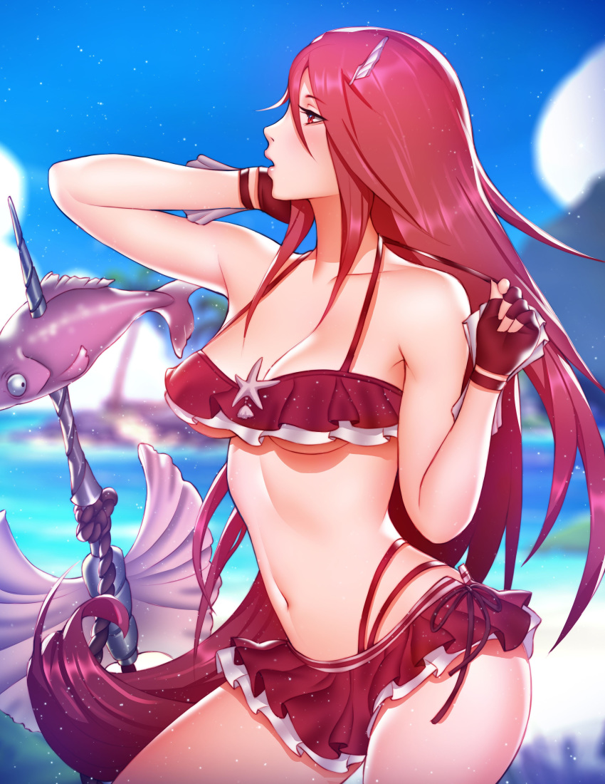 absurdres arm_up bangs bare_shoulders bikini bikini_skirt blue_sky blurry blurry_background breasts cleavage cloud cloudy_sky contrapposto cowboy_shot day eyelashes fingerless_gloves fingernails fire_emblem fire_emblem:_kakusei fire_emblem_heroes fish gloves hair_between_eyes hair_ornament hairclip hand_on_own_head hand_up highres island legs_apart long_fingernails long_hair looking_away medium_breasts microskirt midriff multi-strapped_bikini navel nintendo nose outdoors paid_reward palm_tree parted_lips patreon_reward pink_lady_mage pink_lips pleated_skirt profile pulled_by_self red_eyes red_gloves red_hair red_skirt skirt sky solo standing stomach strap_pull swimsuit tiamo tree underboob untying very_long_hair