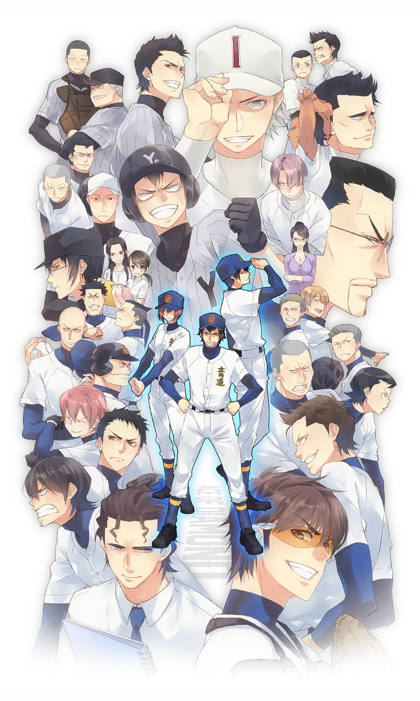 ace_of_diamond akiba_kazuma bad_id bad_pixiv_id baseball_cap baseball_mitt baseball_uniform black_hair brown_hair fujiwara_takako furuya_satoru glasses harada_masatoshi hat helmet highres hirai_tsubasa hiramatsu_(rama) isashiki_jun kamiya_carlos_toshiki kanemaru_shinji kataoka_tesshin kawakami_norifumi kominato_haruichi kominato_ryousuke kuramochi_youichi long_hair maezono_kenta maki_yousuke manaka_kaname masuko_tooru mishima_yuuta miyauchi_keisuke miyuki_kazuya multiple_boys multiple_girls narumiya_mei pink_hair sakai_ichirou sanada_shunpei sawamura_eijun shirakawa_katsuyuki shirasu_kenjirou short_hair sportswear takashima_rei takigawa_chris_yuu tanba_kouichirou todoroki_raichi toujou_hideaki yoshikawa_haruno yoshizawa_hideaki you_shunshin yuuki_tetsuya