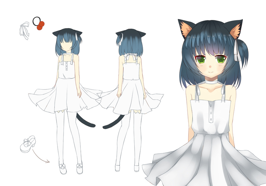 1boy animal_ears bad_deviantart_id bad_id bare_shoulders black_hair black_legwear blue_hair cat_ears cat_tail concept_art dress gradient_hair green_eyes hair_bobbles hair_ornament hair_ribbon highres kiki_(tsunya) multicolored_hair otoko_no_ko photoshop_(medium) reference_sheet revision ribbon ryoune_yami shoes short_hair short_sidetail simple_background sleeveless smile tail thighhighs utau white_background white_dress