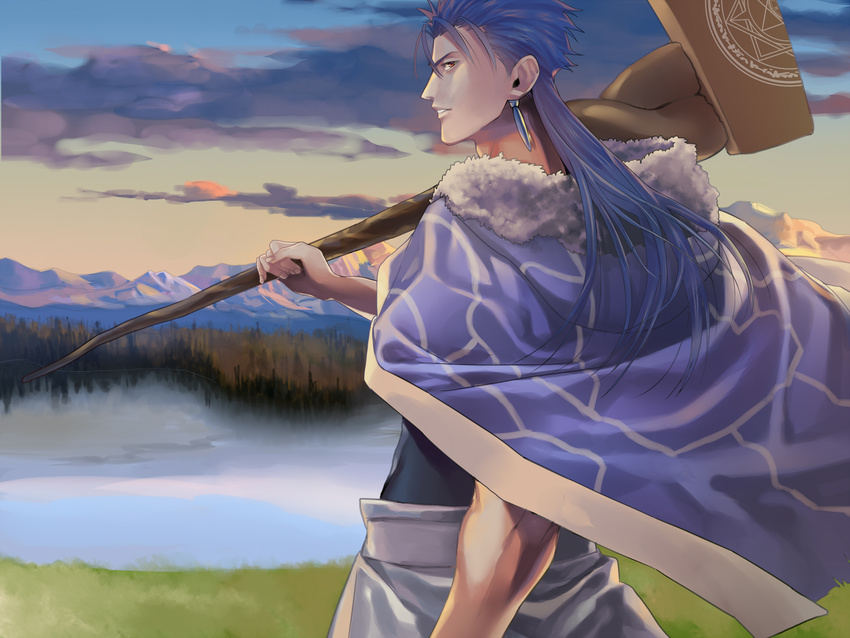 absurdres blue_hair cape cu_chulainn_(fate/grand_order) fate/grand_order fate_(series) fur_collar highres lake lancer mitsuki_mitsuno nature ponytail scenery solo staff