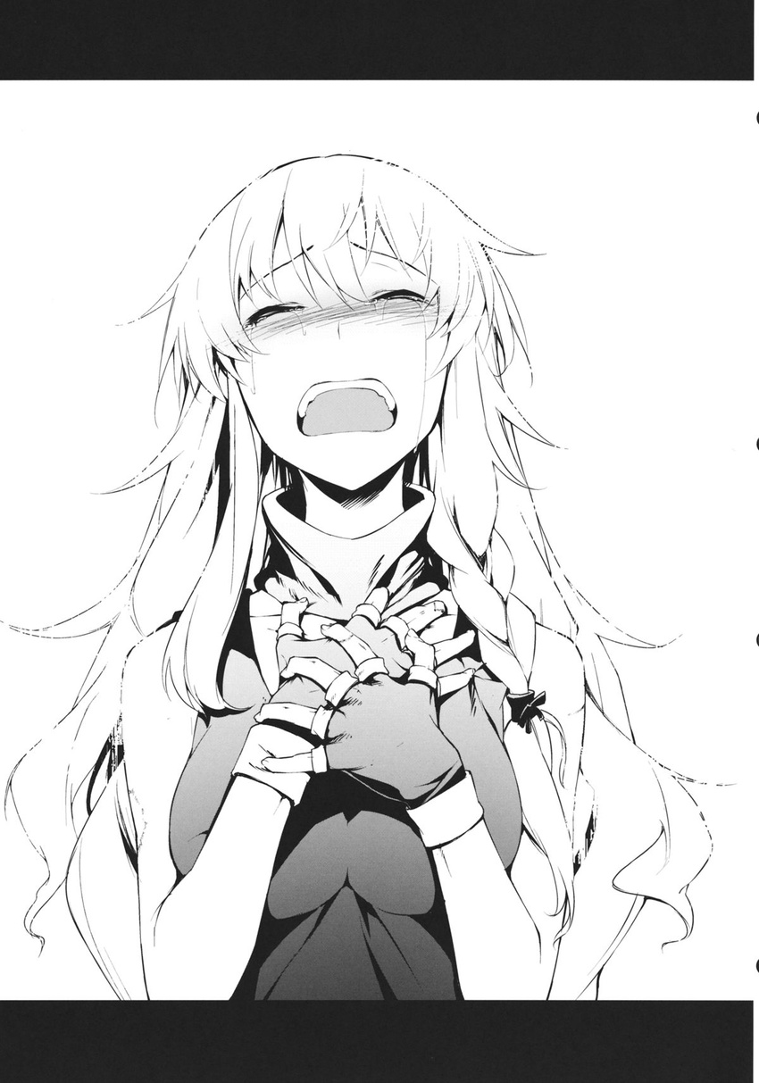 blush closed_eyes comic crying eho_(icbm) fingerless_gloves gloves greyscale highres kirisame_marisa monochrome open_mouth sad solo tears touhou