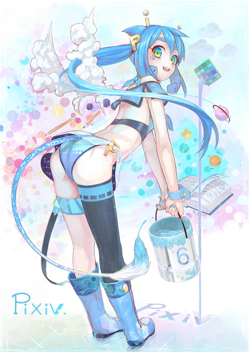 absurdres animal_ears asymmetrical_hair asymmetrical_legwear blue_eyes blue_footwear blue_hair book boots hair_ornament highres jewelry looking_at_viewer mole moon paint_can pencil_skirt pixiv pixiv-tan planet ring rubik's_cube sachimaa skirt solo star tail thighhighs twintails wings