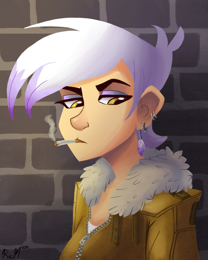 1girl bomber_jacket cigarette fur_collar gilda highres jacket looking_down multicolored_hair my_little_pony my_little_pony_friendship_is_magic personification piercing purple_hair ric-m smoking solo white_hair yellow_eyes
