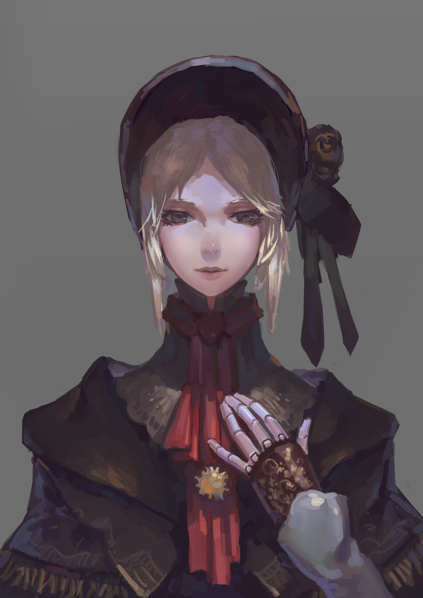 absurdres bangs blonde_hair bloodborne blue_eyes bonnet cloak doll_joints flower grey_background hand_on_own_chest highres lips looking_at_viewer plain_doll rose short_hair simple_background solo swept_bangs upper_body y_(wuhanyxt)