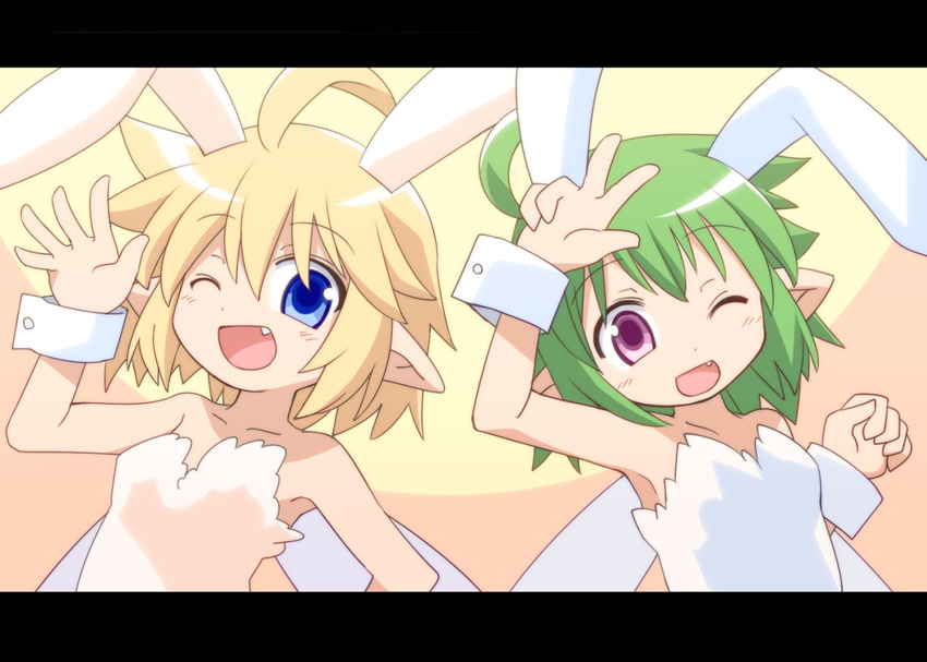 animal_ears blonde_hair blue_eyes bunny_ears fairy_wings fang green_hair kso letterboxed looking_at_viewer multiple_girls one_eye_closed open_mouth purple_eyes short_hair smile wings wrist_cuffs
