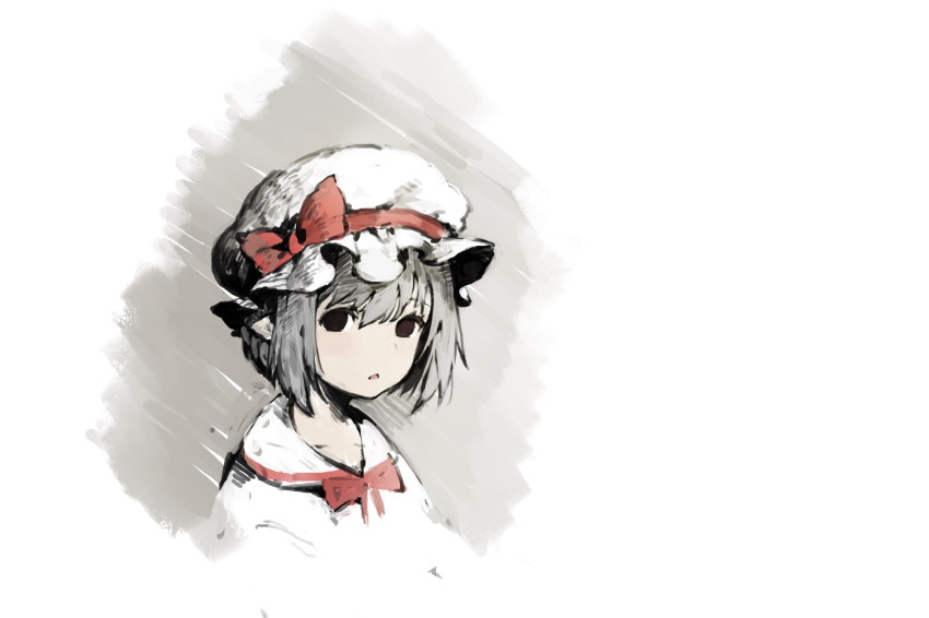 baiguiyu bow brown_eyes commentary grey_hair hair_bow hat highres looking_at_viewer mob_cap neck_ribbon parted_lips pointy_ears portrait red_bow red_neckwear red_ribbon remilia_scarlet ribbon solo symbol_commentary touhou white_hat