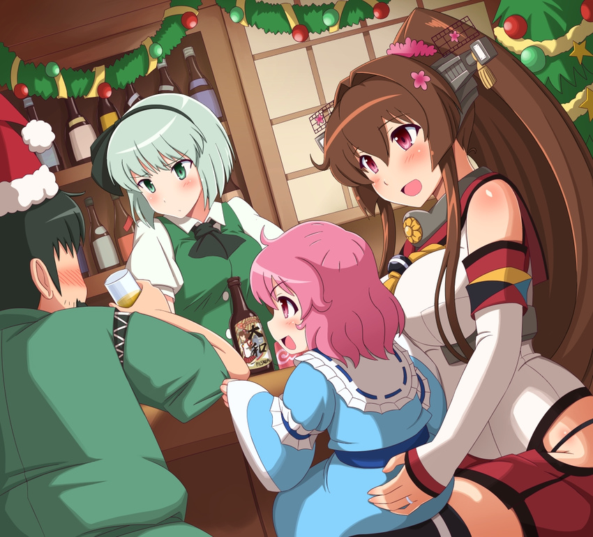 3girls artist_self-insert bad_id bad_pixiv_id banned_artist blue_eyes breasts brown_hair child christmas christmas_tree commentary_request crossover detached_sleeves hairband hat jewelry kantai_collection ko-yuyuko konpaku_youmu large_breasts long_hair miniskirt multiple_girls pink_hair ponytail red_eyes revision ring santa_hat shin'en-san shin'en_(gyokuro_company) short_hair silver_hair skirt touhou wedding_band yamato_(kantai_collection) younger